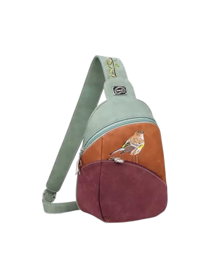 rugzak, slingbag "Tjirp", groen/ cognac/ paars