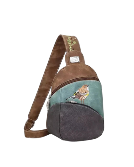 rugzak, slingbag "Tjirp", donkerbruin/ aqua/ donkergrijs