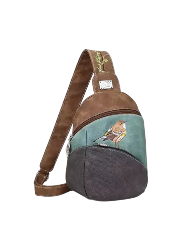 rugzak, slingbag "Tjirp", donkerbruin/ aqua/ donkergrijs