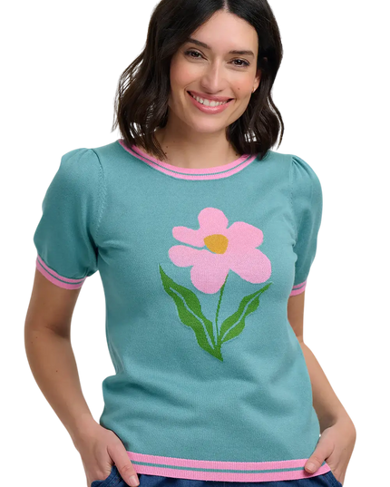 SUGAR HILL BRIGHTON DOMINIQUE KNIT TOP, SEAFOAM, ART FLOWER
