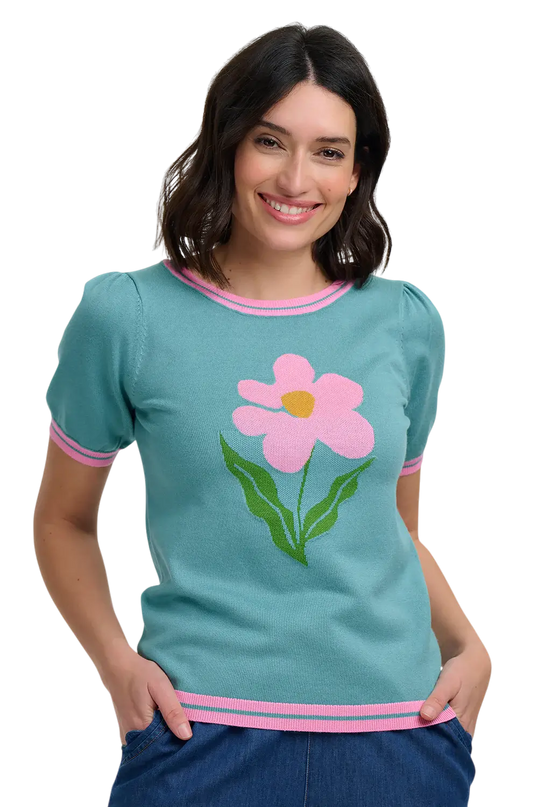 SUGAR HILL BRIGHTON DOMINIQUE KNIT TOP, SEAFOAM, ART FLOWER