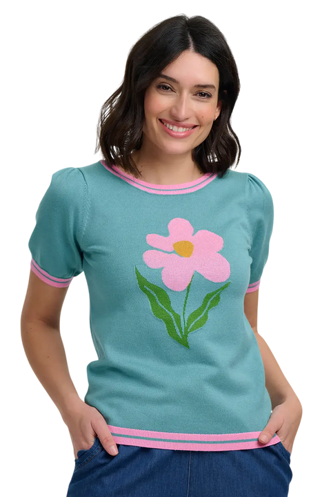 SUGAR HILL BRIGHTON DOMINIQUE KNIT TOP, SEAFOAM, ART FLOWER
