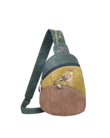 rugzak, slingbag "Tjirp", d.blauw/ geel/ bruin