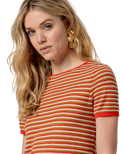 STRIPED SHORT SLEEVED SWEATER RED