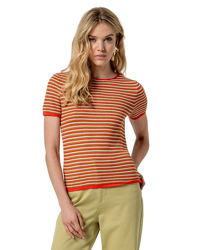 RED STRIPED SHORT-SLEEVED SWEATER