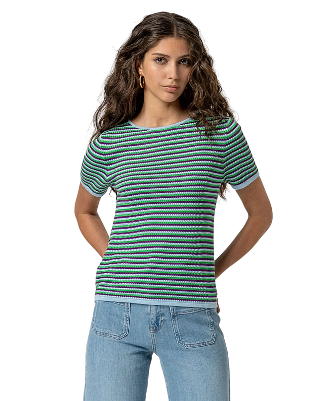 BLUE STRIPED SHORT-SLEEVED SWEATER