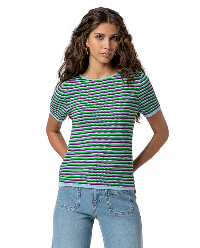 STRIPED SHORT SLEEVED SWEATER BLUE