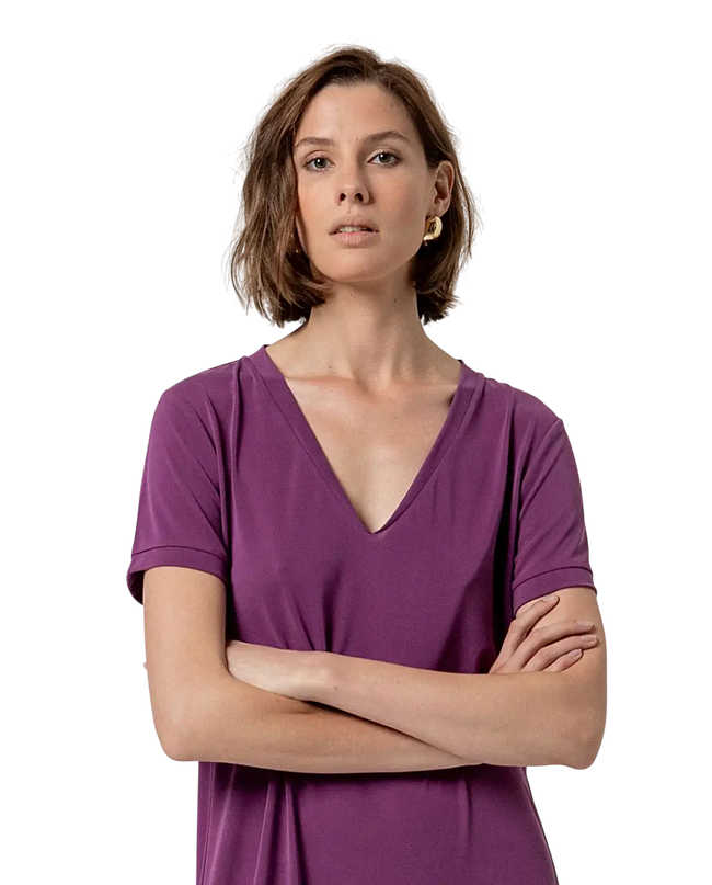 PURPLE LONG DRESS WITH SLITS AND V-NECK