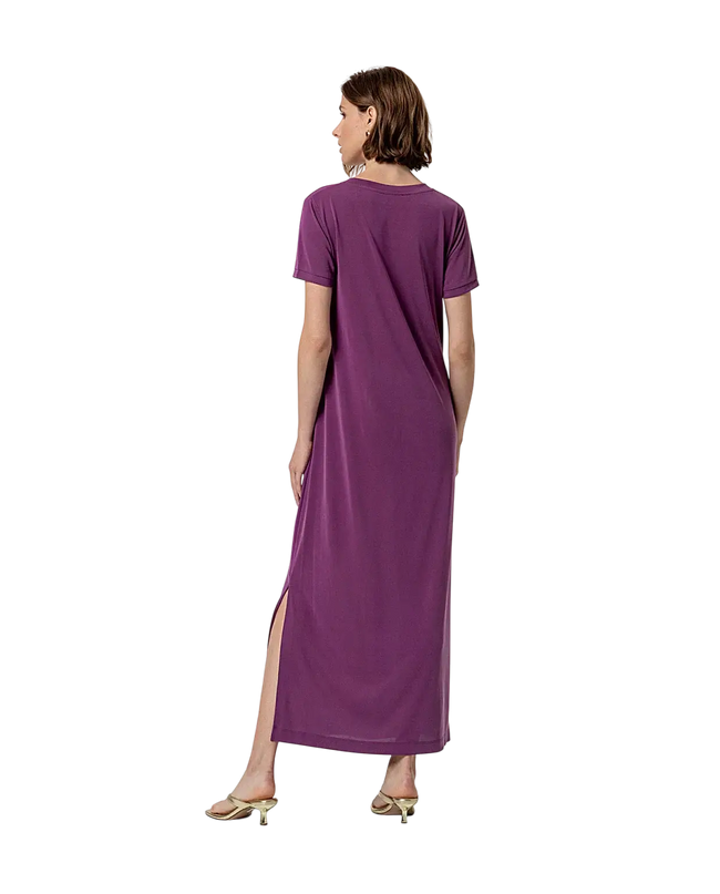 PURPLE LONG DRESS WITH SLITS AND V-NECK