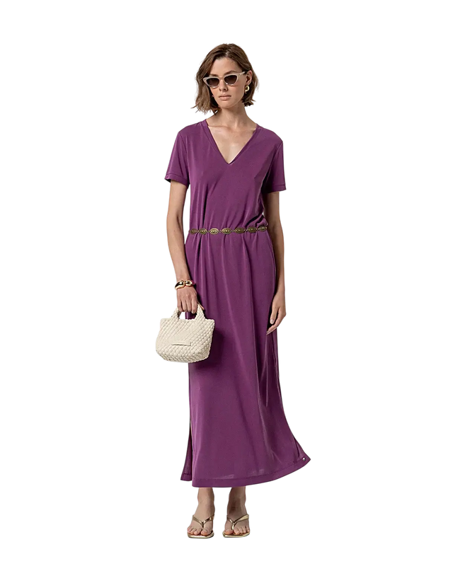 PURPLE LONG DRESS WITH SLITS AND V-NECK