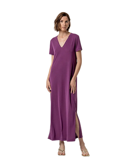 ROBE LONGUE FENDUE COL V VIOLET