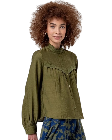 SURKANA EMBROIDERED BLOUSE, OLIJFGROEN