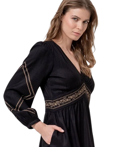 SURKANA EMBROIDERED DRESS, ZWART
