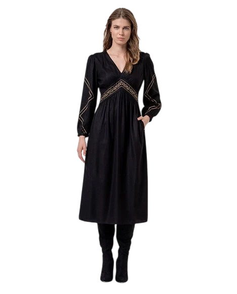 SURKANA EMBROIDERED DRESS, ZWART