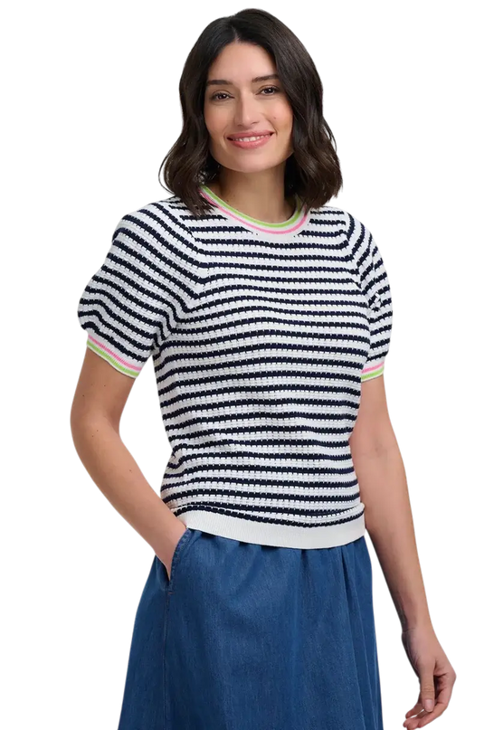 SUGAR HILL BRIGHTON MAGGIE T-SHIRT CORALINE KNOT TOP OFF WHITE/NAVY, NAUTICAL STRIPE
