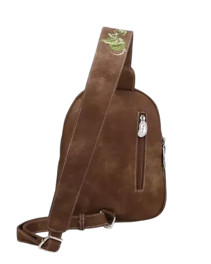 rugzak, slingbag "Tjirp", donkerbruin/ aqua/ donkergrijs