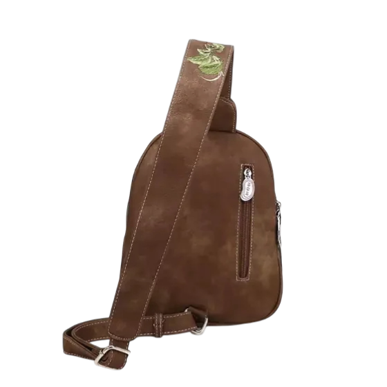 rugzak, slingbag "Tjirp", donkerbruin/ aqua/ donkergrijs