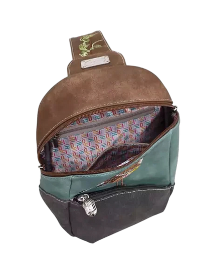 rugzak, slingbag "Tjirp", donkerbruin/ aqua/ donkergrijs