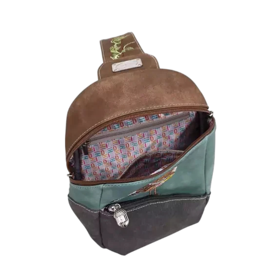 rugzak, slingbag "Tjirp", donkerbruin/ aqua/ donkergrijs