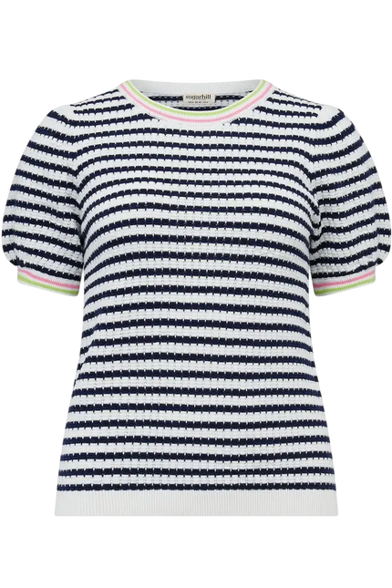SUGAR HILL BRIGHTON T-SHIRT MAGGIE CORALINE KNOT TOP BIANCO SPORCO/BLU NAVY, RIGHE NAUTICHE