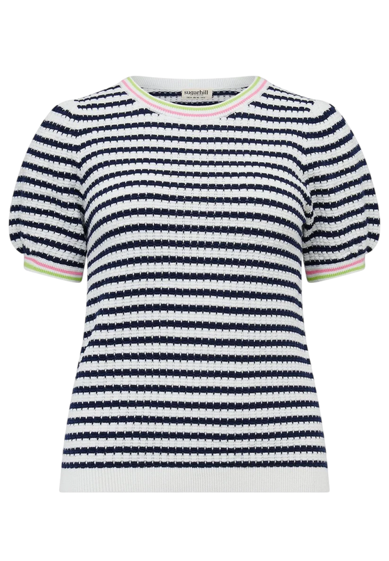 MAGGIE T-SHIRT CORALINE KNOT TOP OFF WHITE/NAVY. NAUTICAL STRIPE