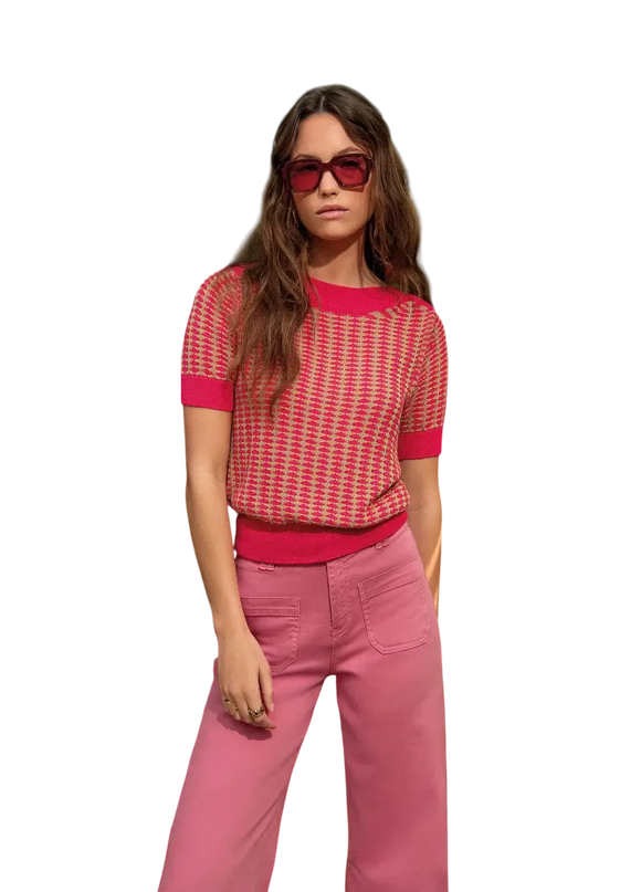 SURKANA PINK BOAT NECK SHORT-SLEEVED SWEATER
