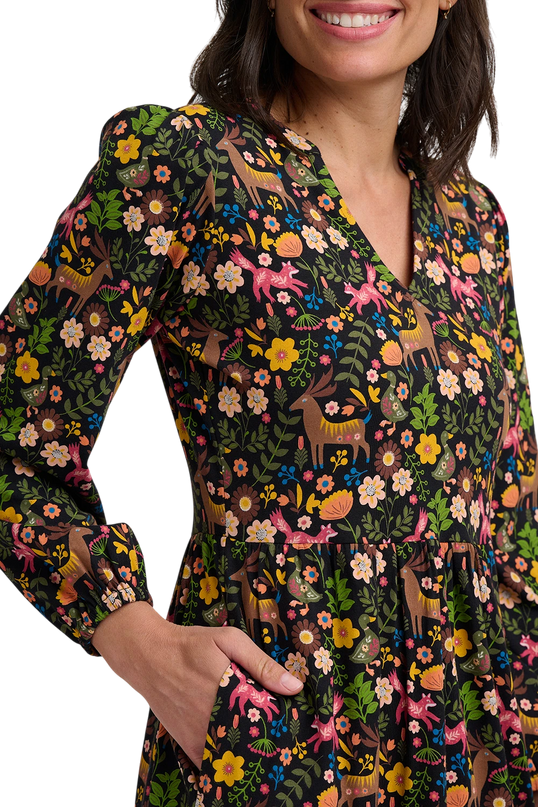 SUGARHILL BRIGHTON NYLA JERSEY MIDI DRESS, BLACK FOREST FOLKLORE