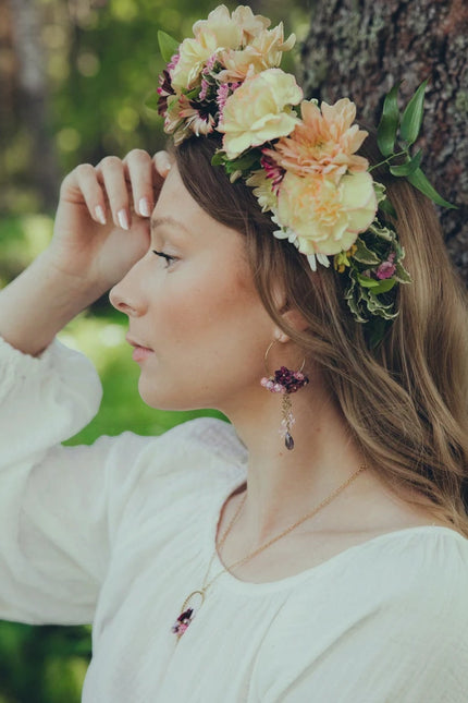 DAUGHTER OF THE NORTH WILD ROSE HOOP EARRINGS, 18K GOLD PLATED