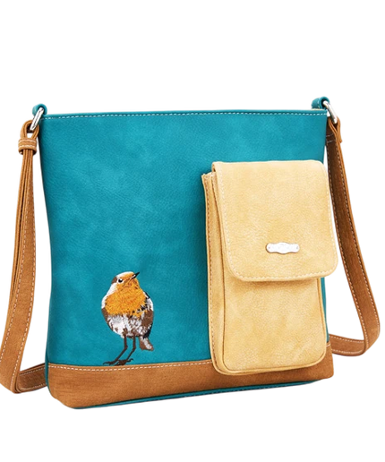 HI-DI-HI BOLSO DE HOMBRO CON AVE Y GATITO ESCONDIDO, TURQUESA, CREMA Y COGNAC