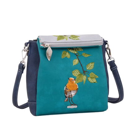 HI-DI-HI SCHOUDERTAS TWEET MET GEBORDUURD ROODBORSTJE, TURQUOISE
