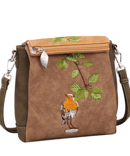 HI-DI-HI BOLSO DE HOMBRO TWEET CON PETIRROJO BORDADO, MARRÓN