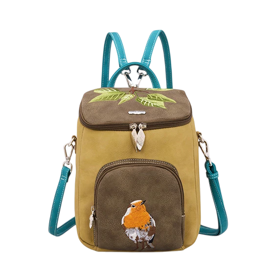 HI-DI-HI RUG/ SCHOUDERTAS WOODS MET IJSVOGEL, COGNAC/ OKERGEEL