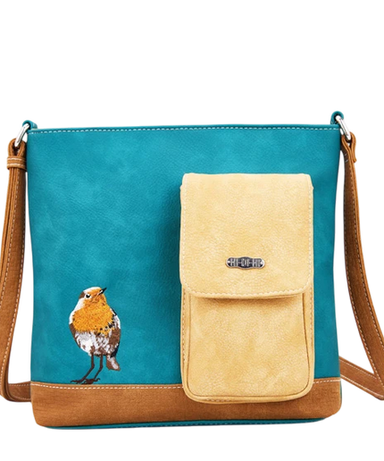 HI-DI-HI BOLSO DE HOMBRO CON AVE Y GATITO ESCONDIDO, TURQUESA, CREMA Y COGNAC