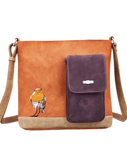 HI-DI-HI BOLSO DE HOMBRO CON AVE Y GATITO ESCONDIDO, CREMA, COGNAC Y MORADO