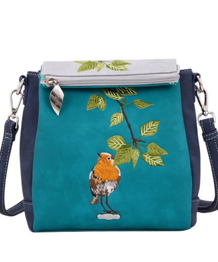 HI-DI-HI BOLSO DE HOMBRO TWEET CON PETIRROJO BORDADO, TURQUESA