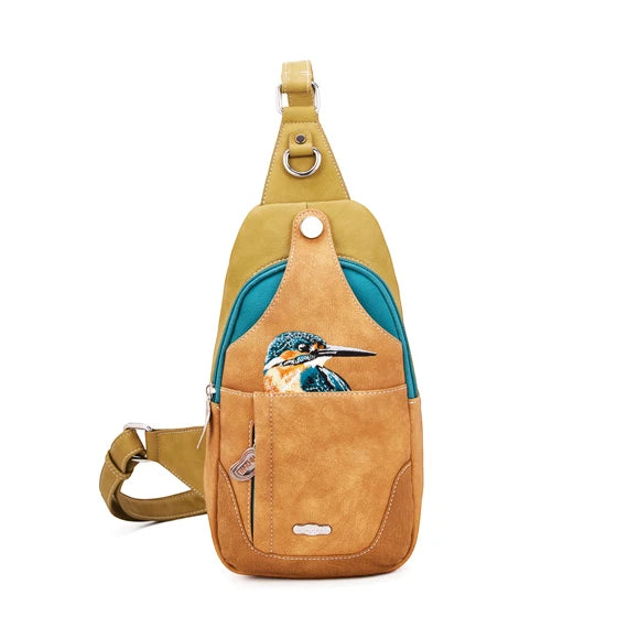 HI-DI-HI RUGZAK/ SLINGBAG CAROL MET ROODBORSTJE, OKERGEEL EN COGNAC