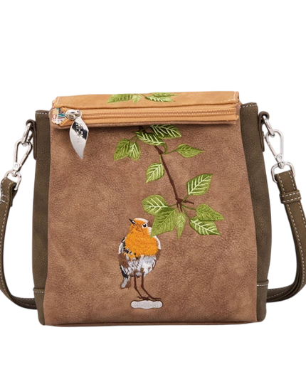 HI-DI-HI BOLSO DE HOMBRO TWEET CON PETIRROJO BORDADO, MARRÓN