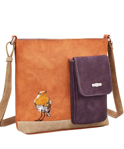 HI-DI-HI BOLSO DE HOMBRO CON AVE Y GATITO ESCONDIDO, CREMA, COGNAC Y MORADO