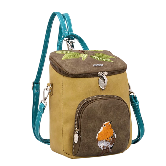 HI-DI-HI RUG/ SCHOUDERTAS WOODS MET IJSVOGEL, COGNAC/ OKERGEEL