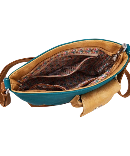 HI-DI-HI BOLSO DE HOMBRO CON AVE Y GATITO ESCONDIDO, TURQUESA, CREMA Y COGNAC