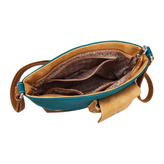 HI-DI-HI SCHOUDERTAS MET VOGEL EN VERBORGEN KATJE, TURQUIOSE, CREME EN COGNAC