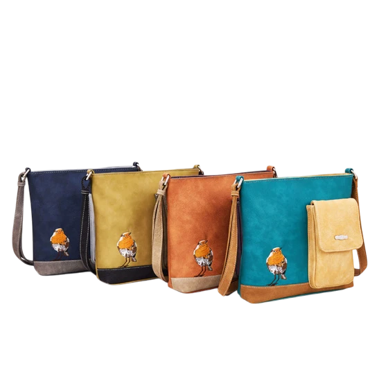 HI-DI-HI SCHOUDERTAS MET VOGEL EN VERBORGEN KATJE, TURQUIOSE, CREME EN COGNAC