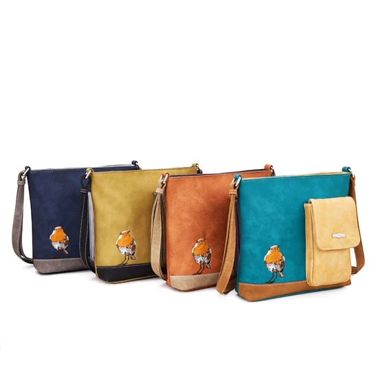 HI-DI-HI SCHOUDERTAS MET VOGEL EN VERBORGEN KATJE, TURQUIOSE, CREME EN COGNAC