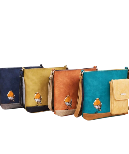 HI-DI-HI BOLSO DE HOMBRO CON AVE Y GATITO ESCONDIDO, CREMA, COGNAC Y MORADO