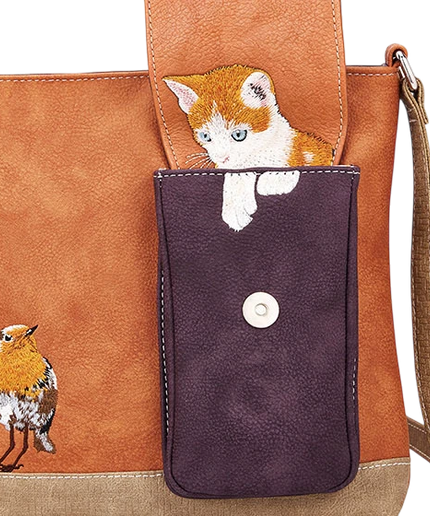 HI-DI-HI BOLSO DE HOMBRO CON AVE Y GATITO ESCONDIDO, CREMA, COGNAC Y MORADO