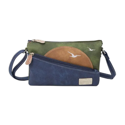 crossbody Sunrise cognac, marineblauw, donkergroen