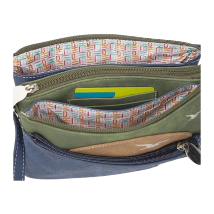 crossbody Sunrise cognac, marineblauw, donkergroen