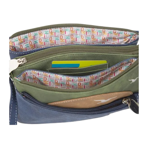 crossbody Sunrise cognac, marineblauw, donkergroen