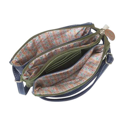 crossbody Sunrise cognac, marineblauw, donkergroen