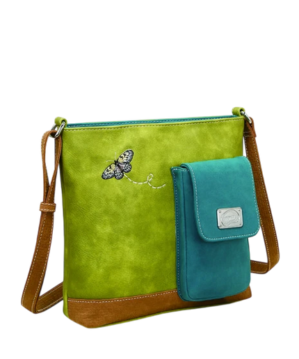 BOLSO HI-DI-HI "QUAK", VERDE/COGNAC/TURQUESA